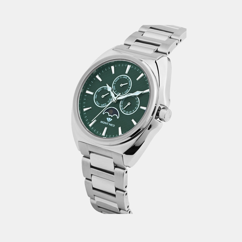 Men Quartz Green Dial Multi-Function Stainless Steel Watch 3514M-M1114