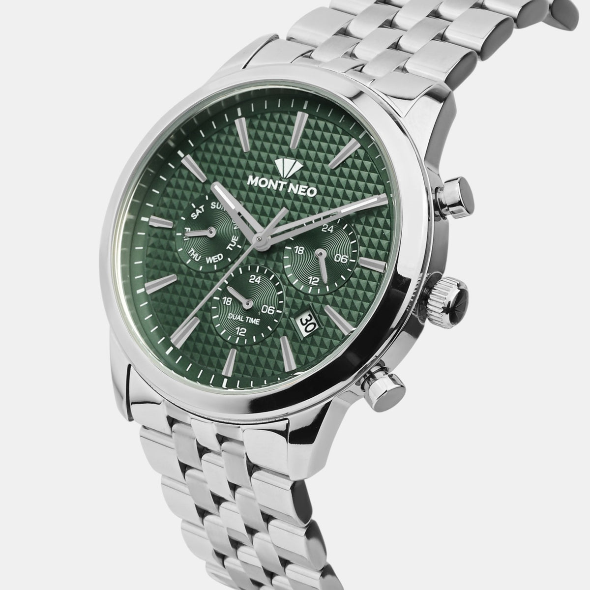 Men Quartz Green Dial Multi-Function Stainless Steel Watch 3518M-M1114
