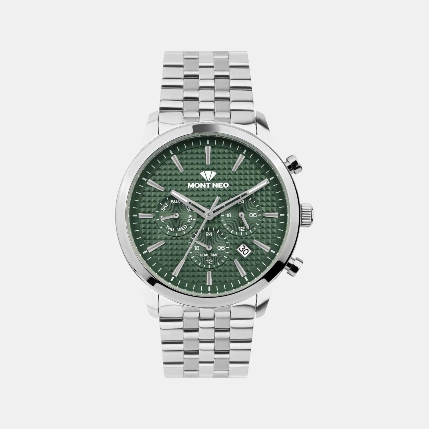 Men Quartz Green Dial Multi-Function Stainless Steel Watch 3518M-M1114