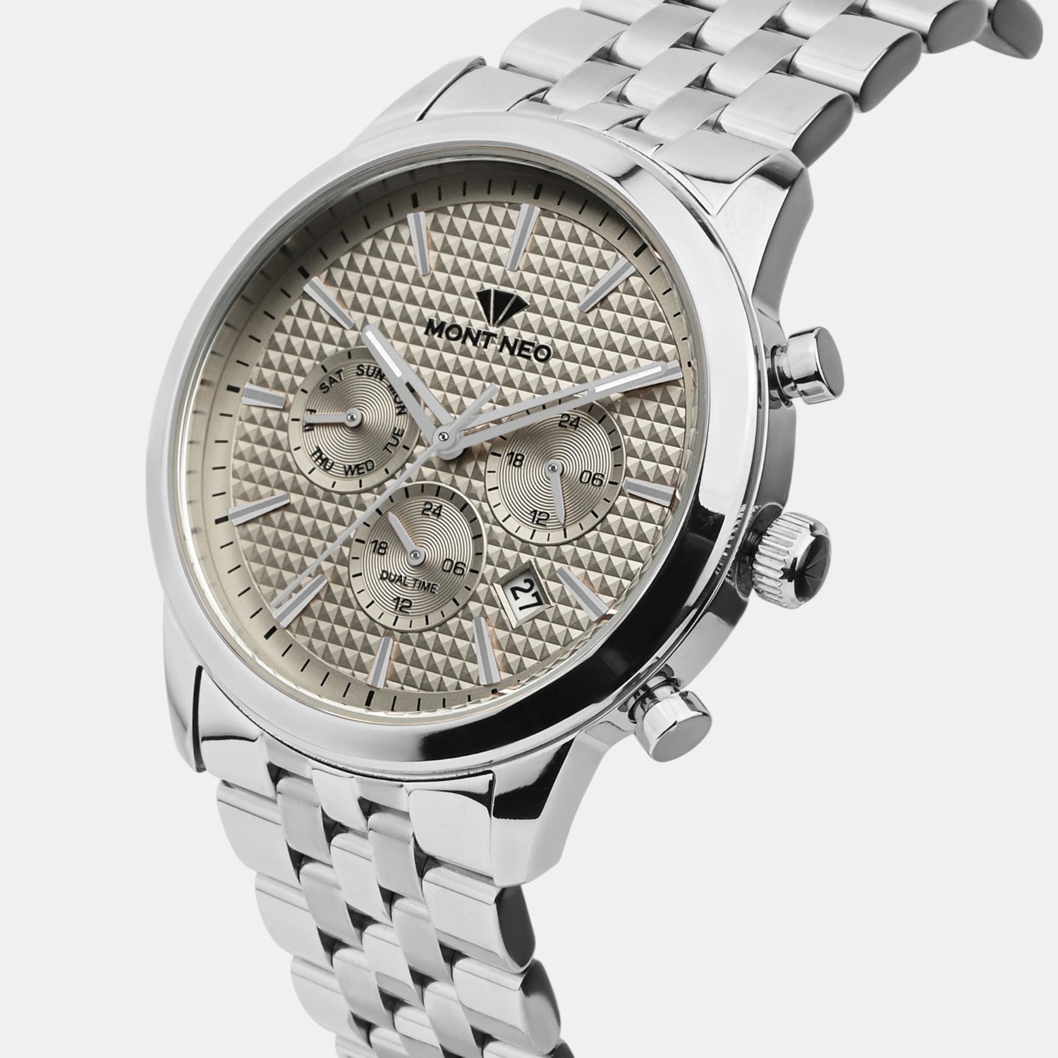 Men Quartz Grey Dial Multi-Function Stainless Steel Watch 3518M-M1115