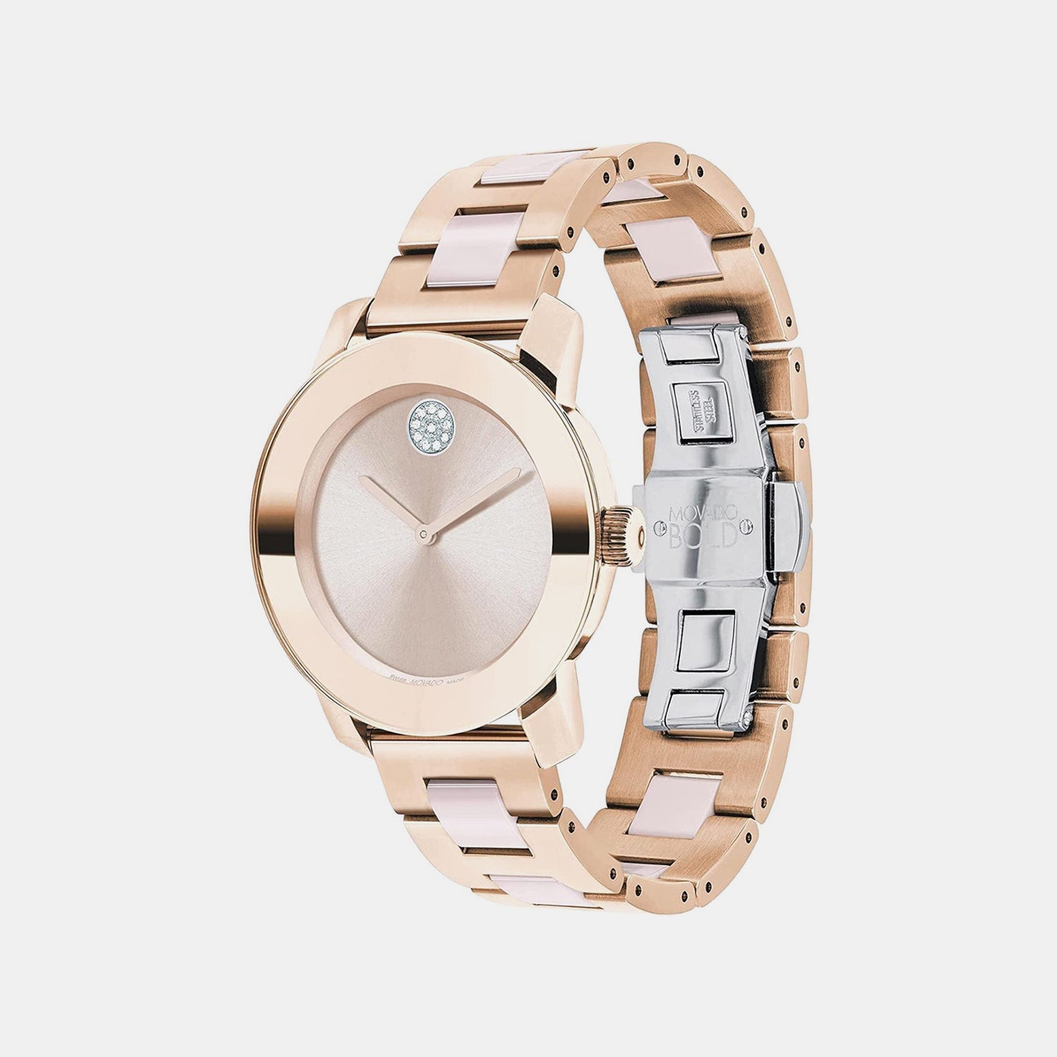 Bold Ceramic Women Quartz Pink Dial Analog Stainless Steel Watch 3600799