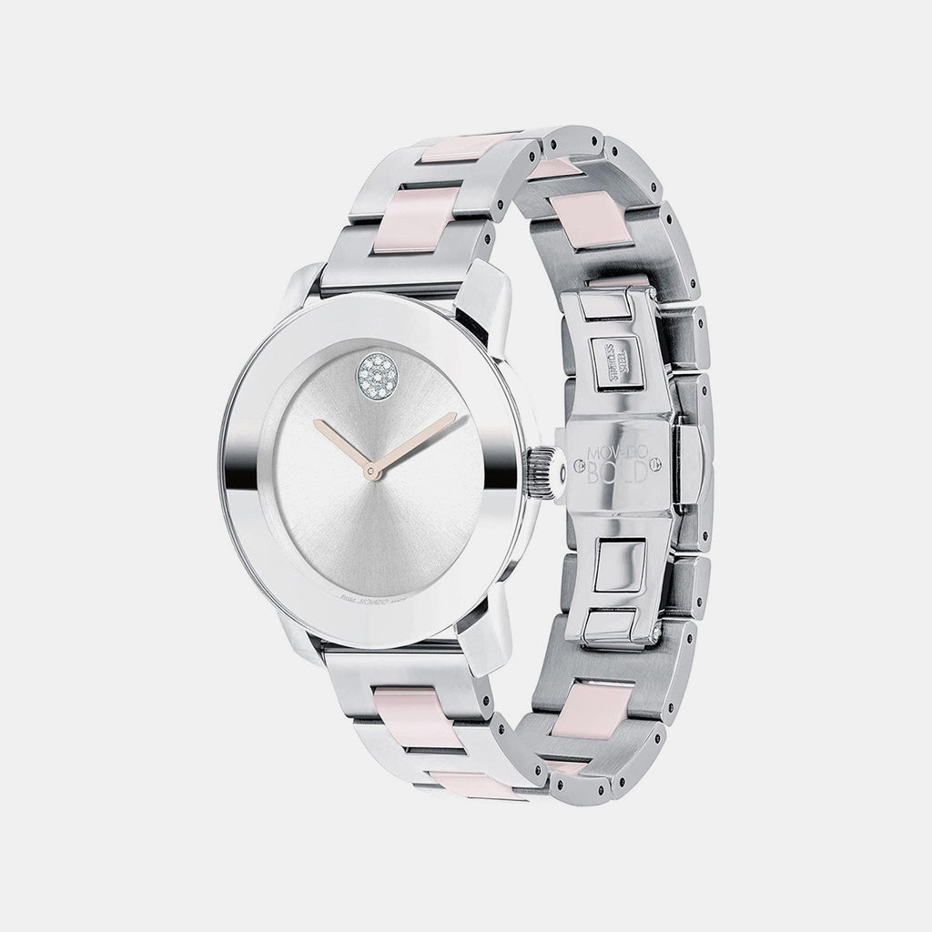 Bold Ceramic Women Quartz Silver Dial Analog Stainless Steel Watch 3600801