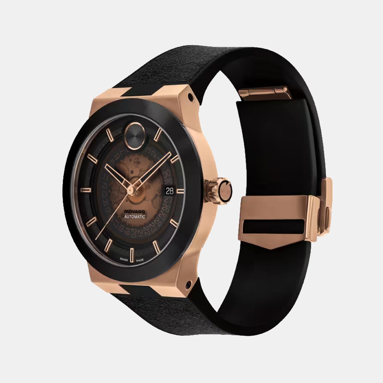 Bold Fusion Men Quartz Black And Rose Gold Transparent Dial Analog Rubber Watch 3600947