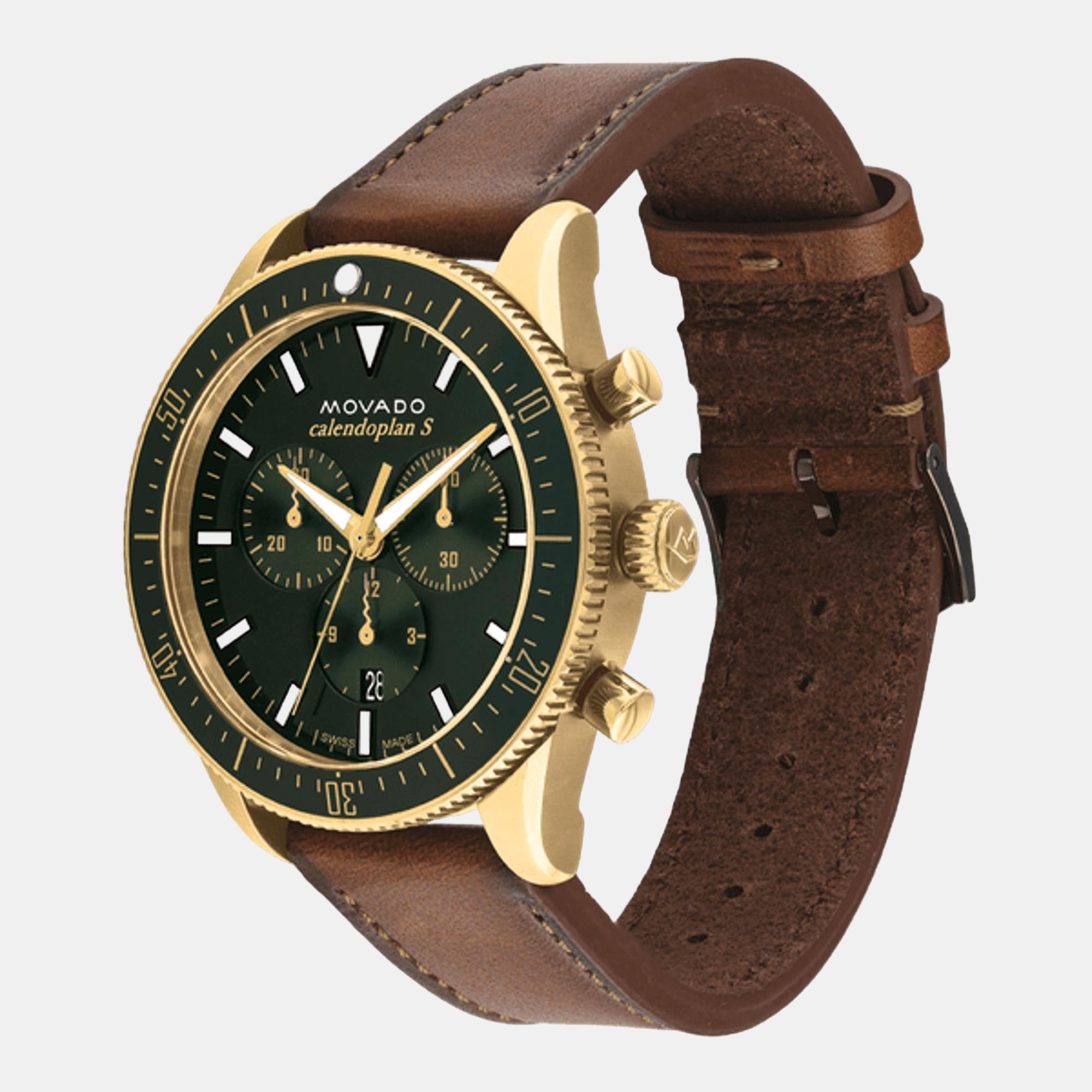 Calendoplan S Heritage Men Quartz Green Dial Chronograph Leather Watch 3650122