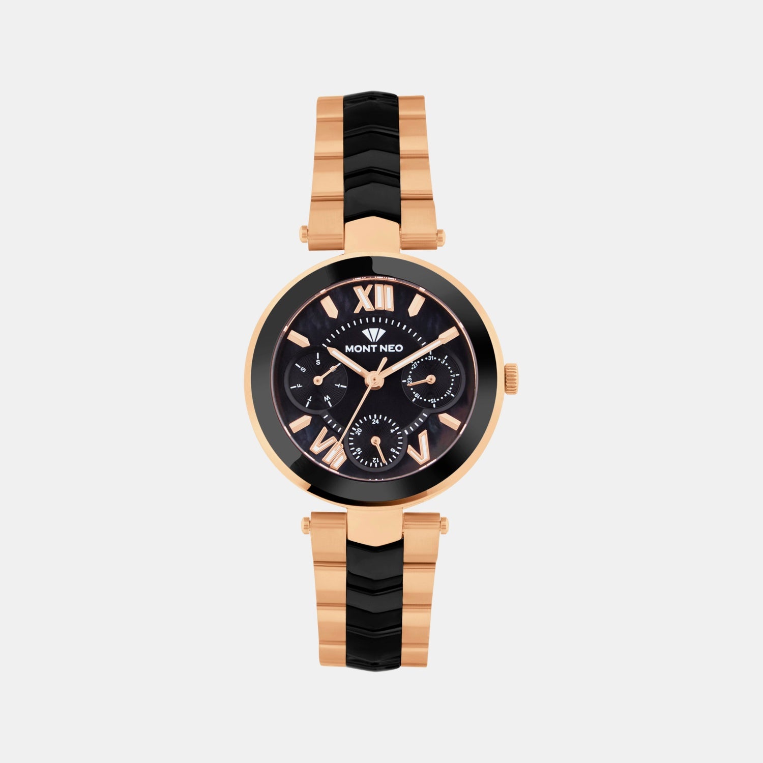 Women Quartz Black Dial Multi-Function Stainless Steel Watch 4507M-M3404