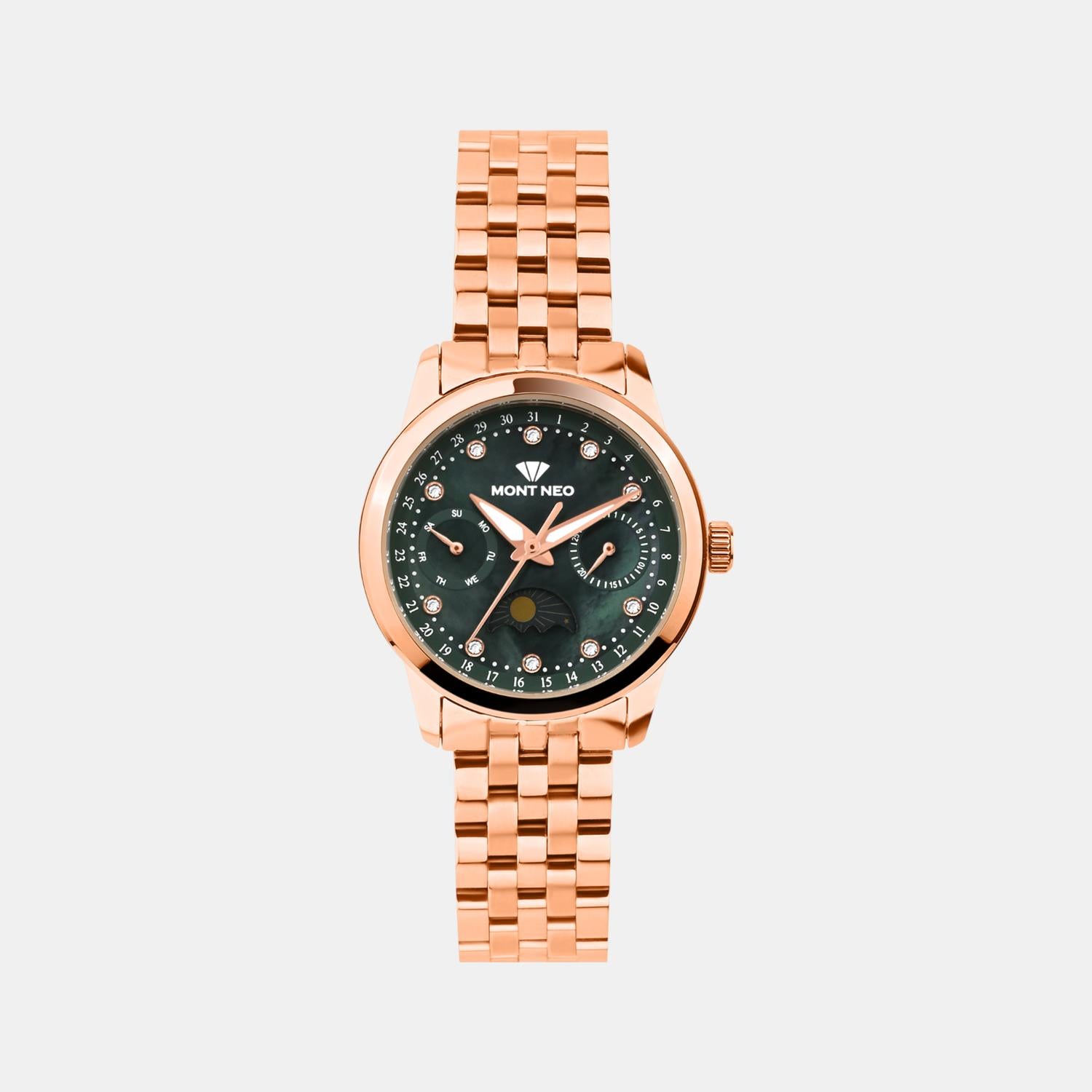 Women Quartz Green Dial Multi-Function Stainless Steel Watch 4511M-M3314