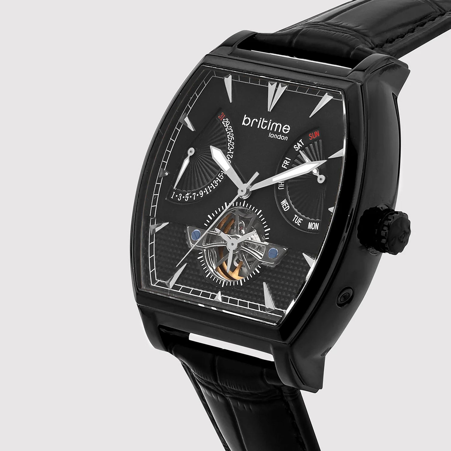 Emerion Men Automatic Black Dial Multi-Function Leather Watch 465-L80406