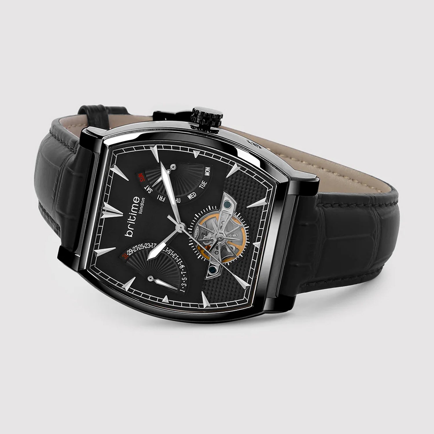 Emerion Men Automatic Black Dial Multi-Function Leather Watch 465-L80406