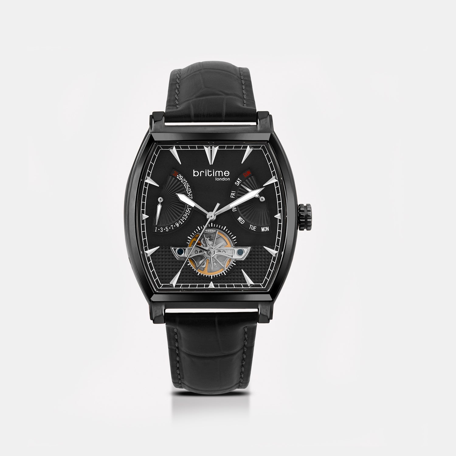 Emerion Men Automatic Black Dial Multi-Function Leather Watch 465-L80406
