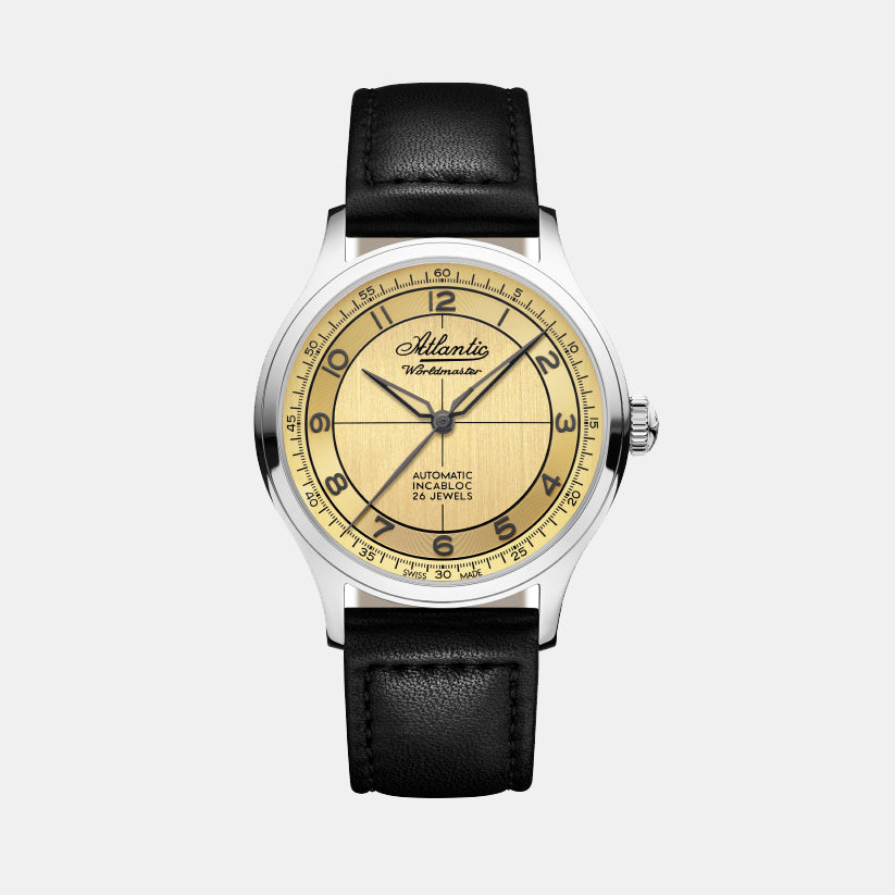 Atlantic Men Automatic Gold Dial Analog Leather Watch 53780.41.39BK-1