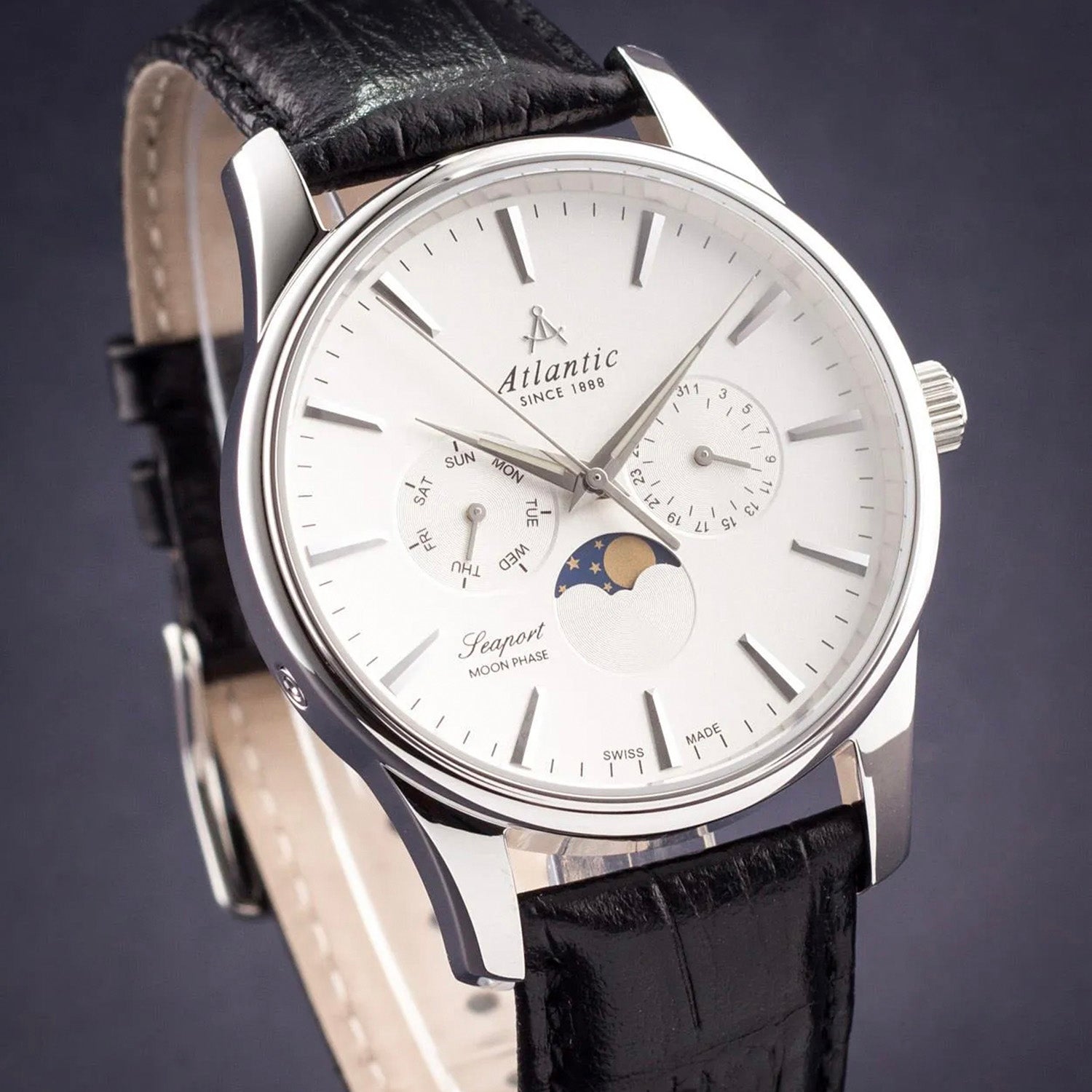 Seaport Moonphase Men Quartz Silver Dial Multi-Function Leather Watch 56550.41.21