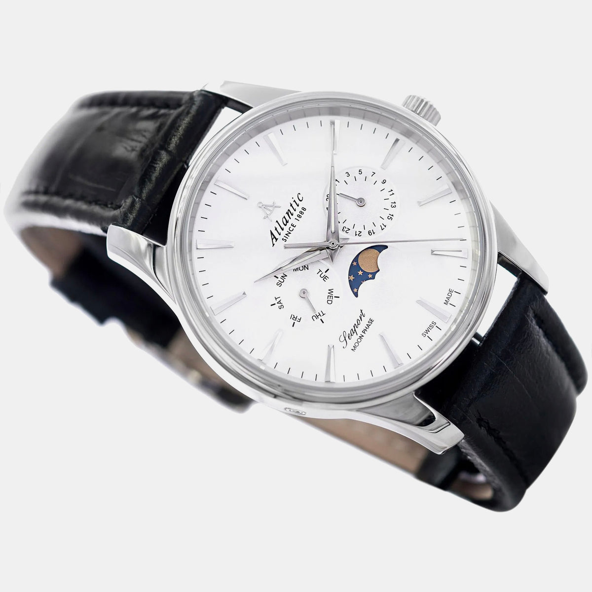 Seaport Moonphase Men Quartz Silver Dial Analog Leather Watch 56550.41.21