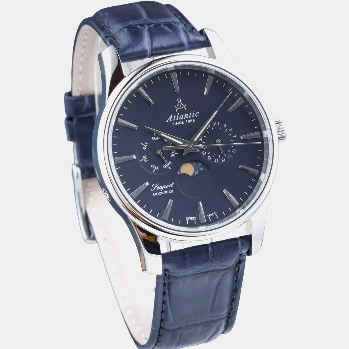 Seaport Moonphase Men Quartz Blue Dial Analog Leather Watch 56550.41.51