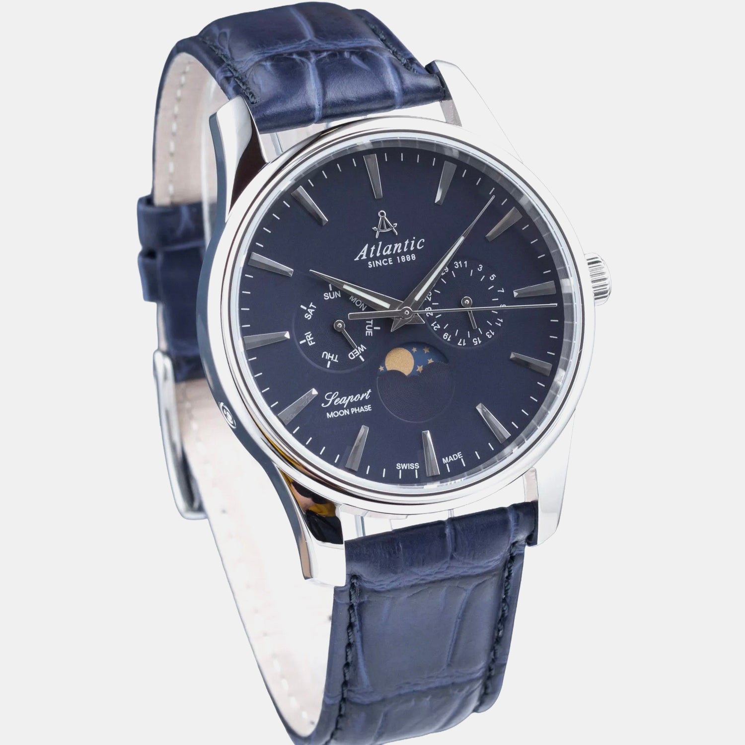Seaport Moonphase Men Quartz Blue Dial Analog Leather Watch 56550.41.51