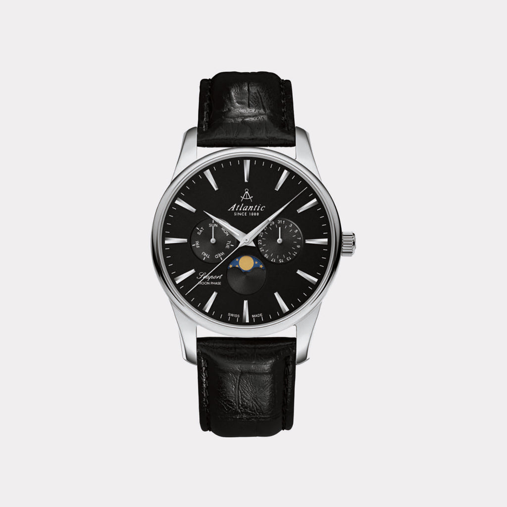 Seaport Moonphase Men Quartz Black Dial Analog Leather Watch 56550.41.61