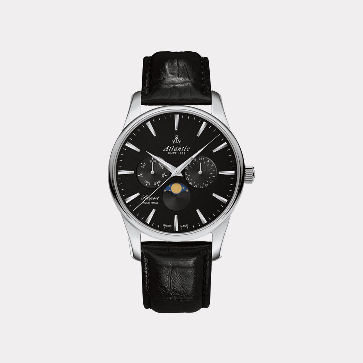 Seaport Moonphase Men Quartz Black Dial Analog Leather Watch 56550.41.61