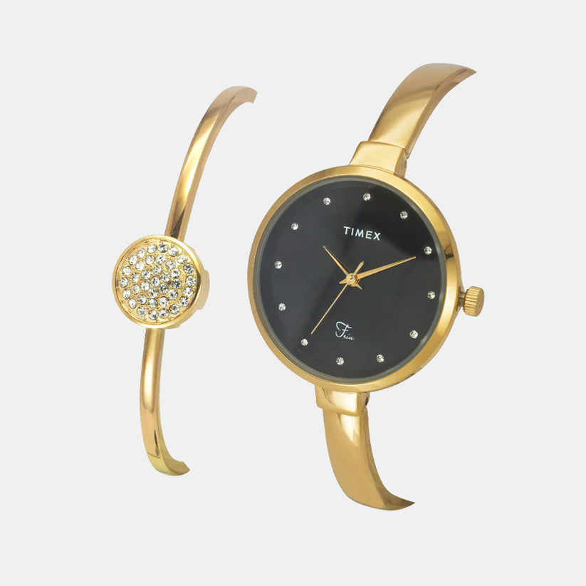 Fria Women Quartz Black Dial Analog Brass Watch TWEL18501