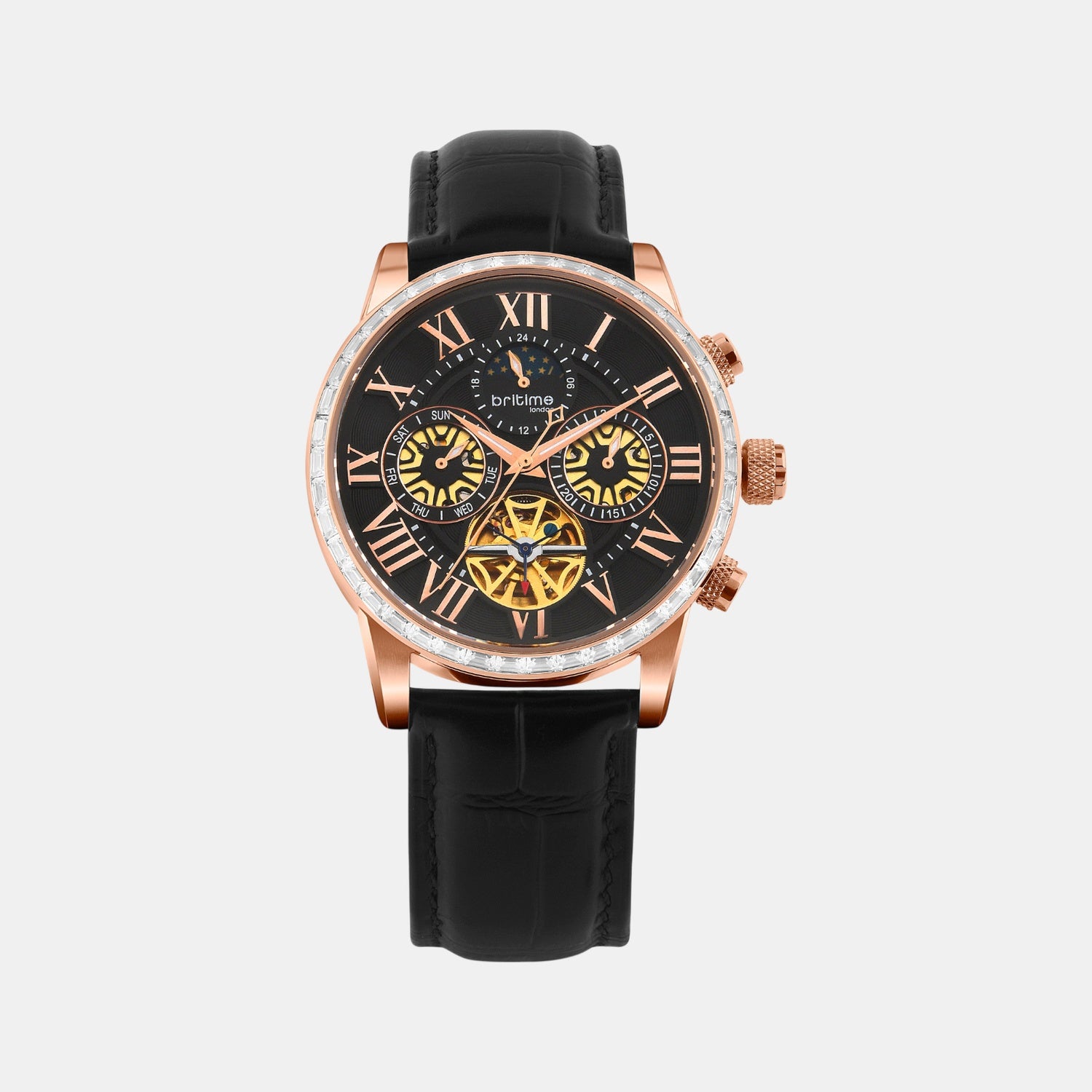 Orbit Men Automatic Rose Gold Dial Multi-Function Leather Watch 574-L30406