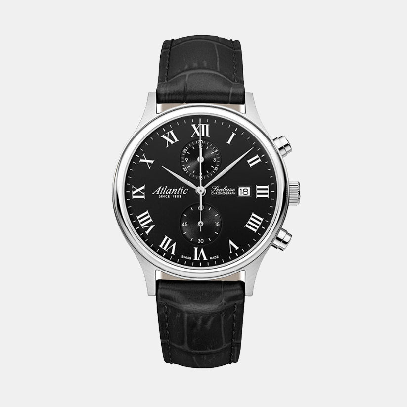 Atlantic Men Quartz Black Dial Chronograph Leather Watch 64452.41.68-1