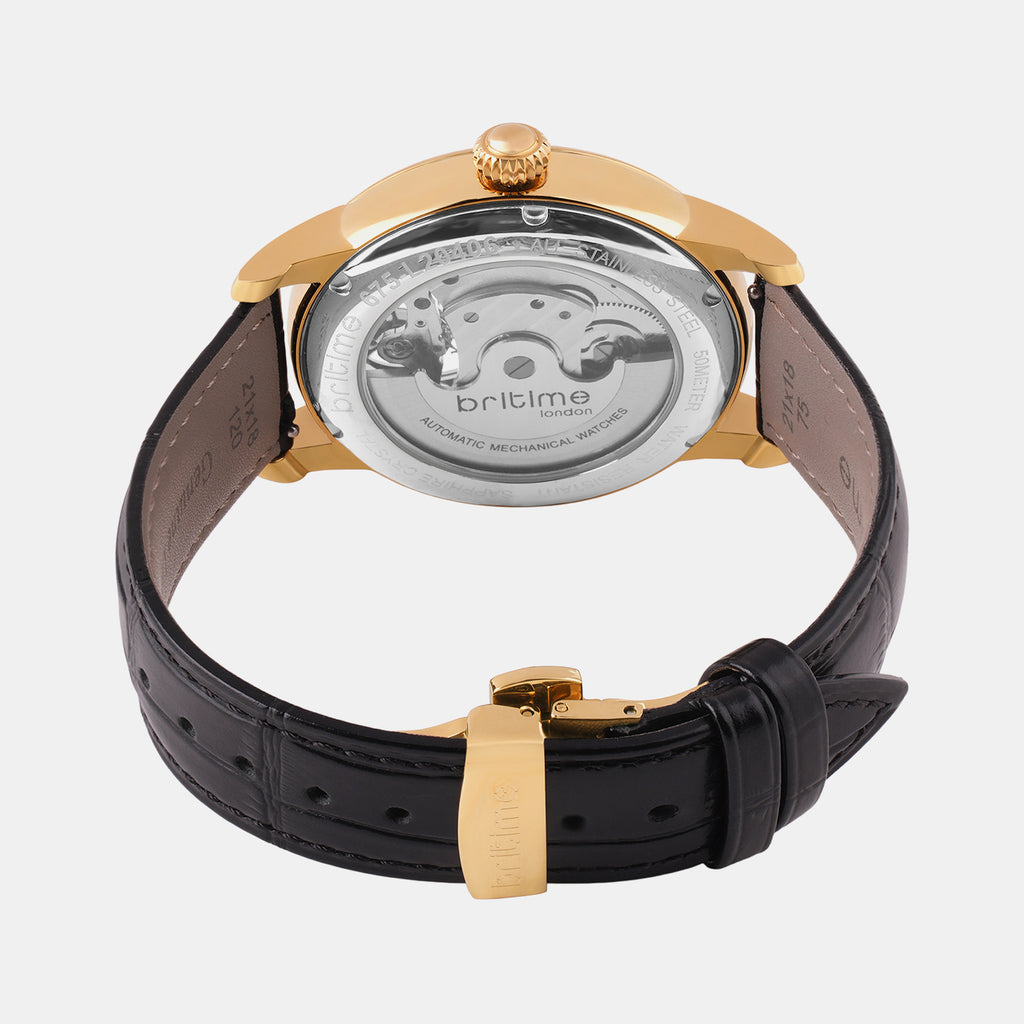 Men Automatic Black Dial Analog Leather Watch 675-20406
