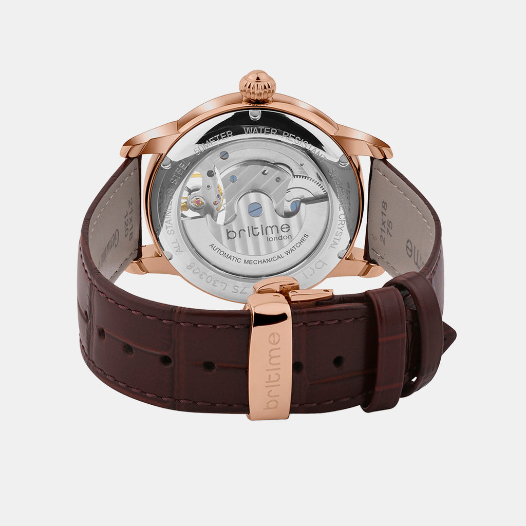 Men Automatic Beige Dial Analog Leather Watch 675-30308