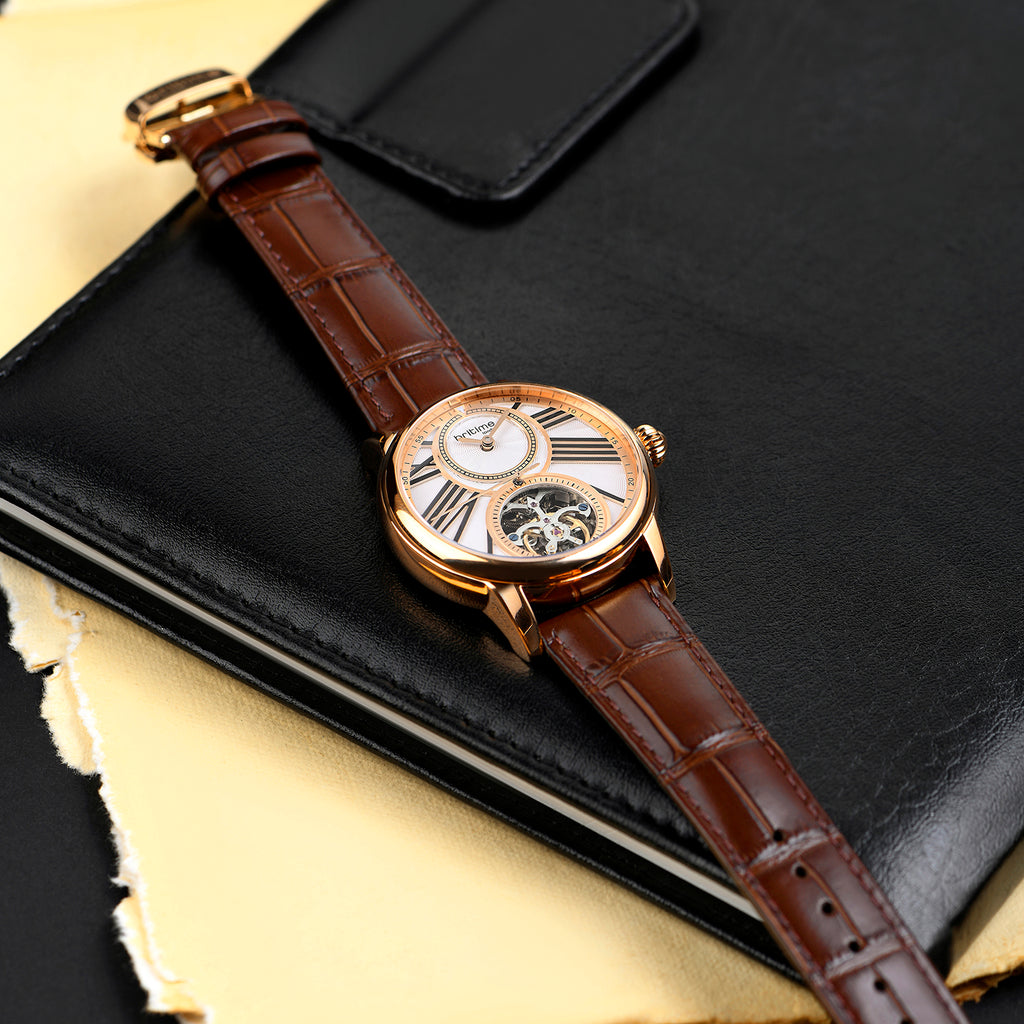 Men Automatic Beige Dial Analog Leather Watch 675-30308