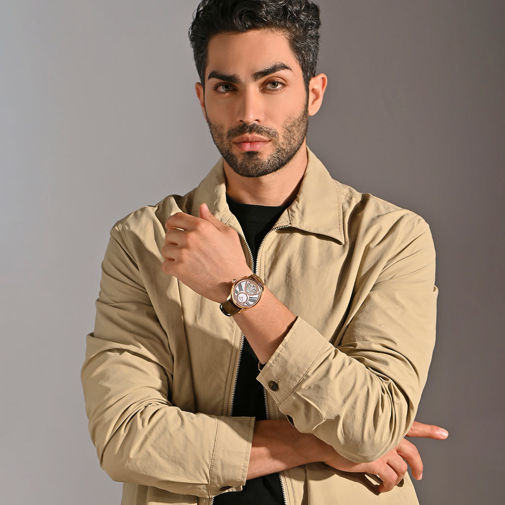 Men Automatic Beige Dial Analog Leather Watch 675-30308
