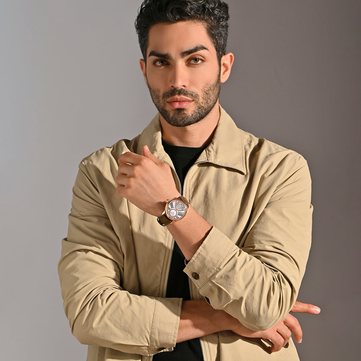 Men Automatic Beige Dial Analog Leather Watch 675-30308