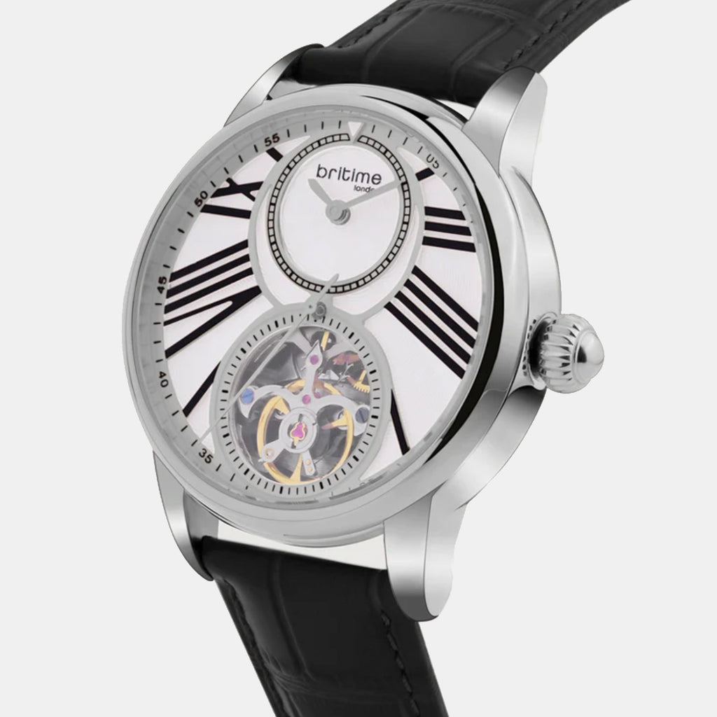 Men Automatic Silver Dial Analog Leather Watch 675-L10306