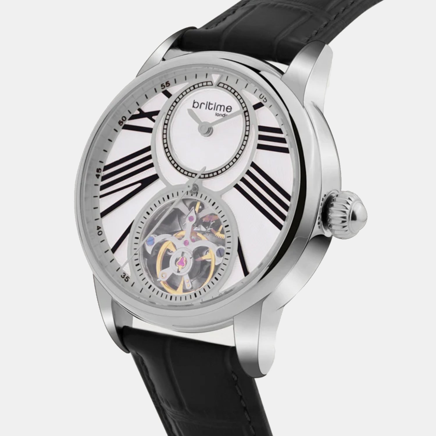 Men Automatic Silver Dial Analog Leather Watch 675-L10306