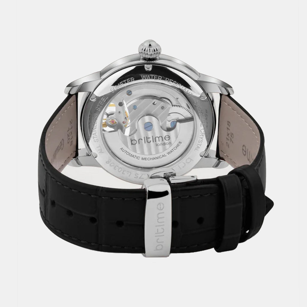 Men Automatic Silver Dial Analog Leather Watch 675-L10306