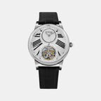 Men Automatic Silver Dial Analog Leather Watch 675-L10306