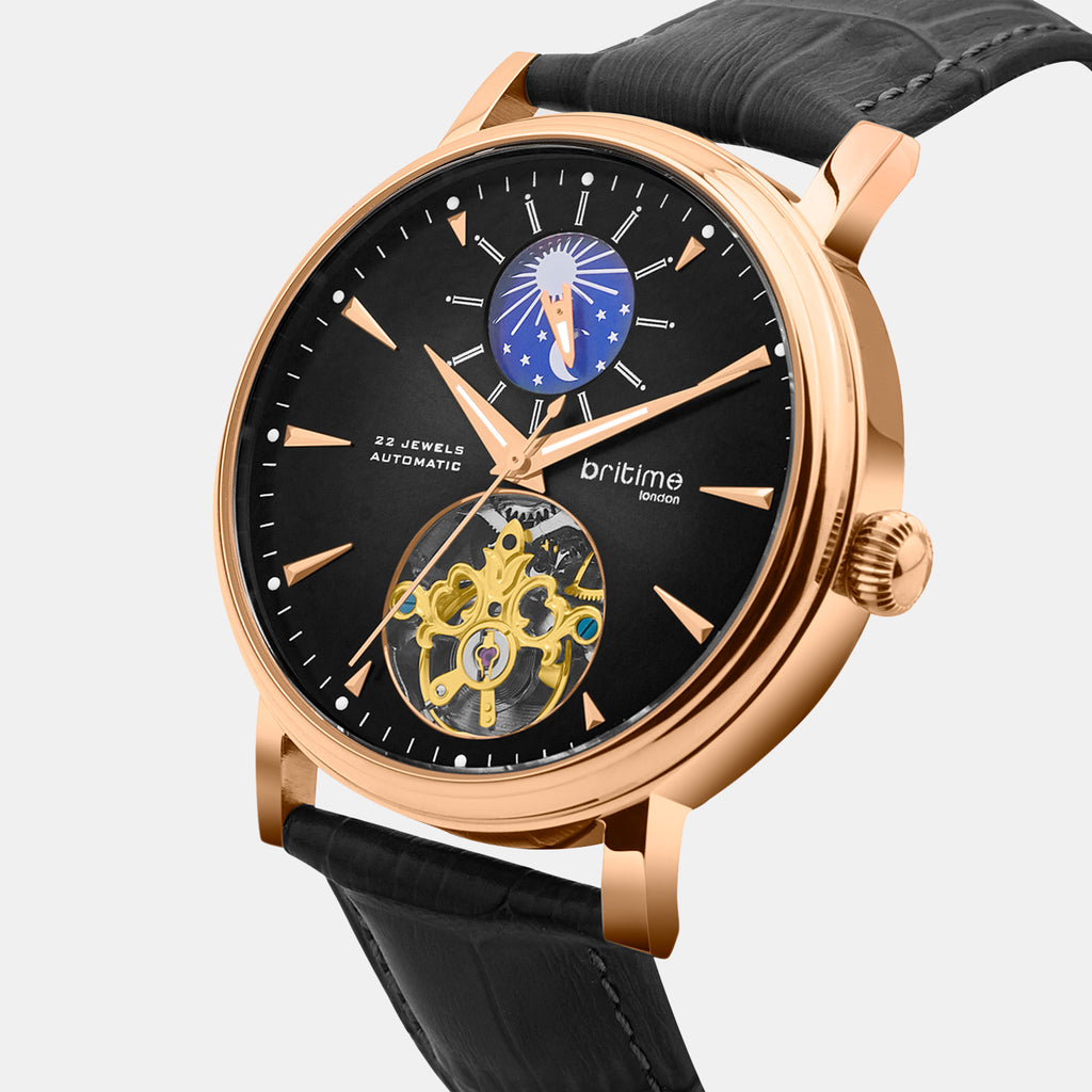 Men Automatic Black Dial Analog Leather Watch 760-L30406