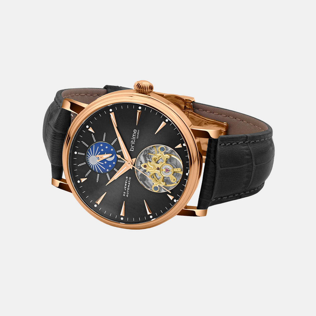 Men Automatic Black Dial Analog Leather Watch 760-L30406