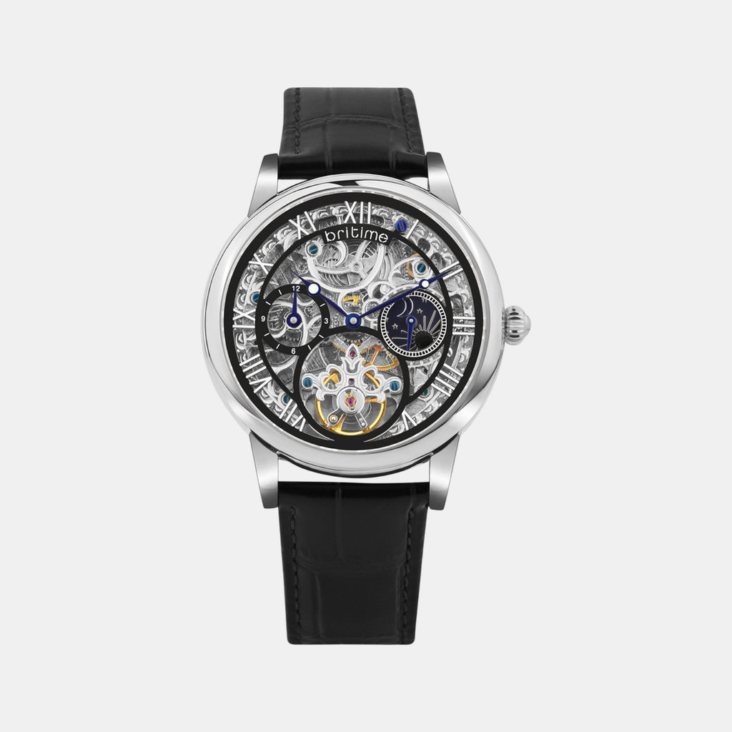 Men Automatic Silver Dial Multi-Function Leather Watch 786-L10406