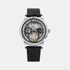 Men Automatic Silver Dial Multi-Function Leather Watch 786-L10406