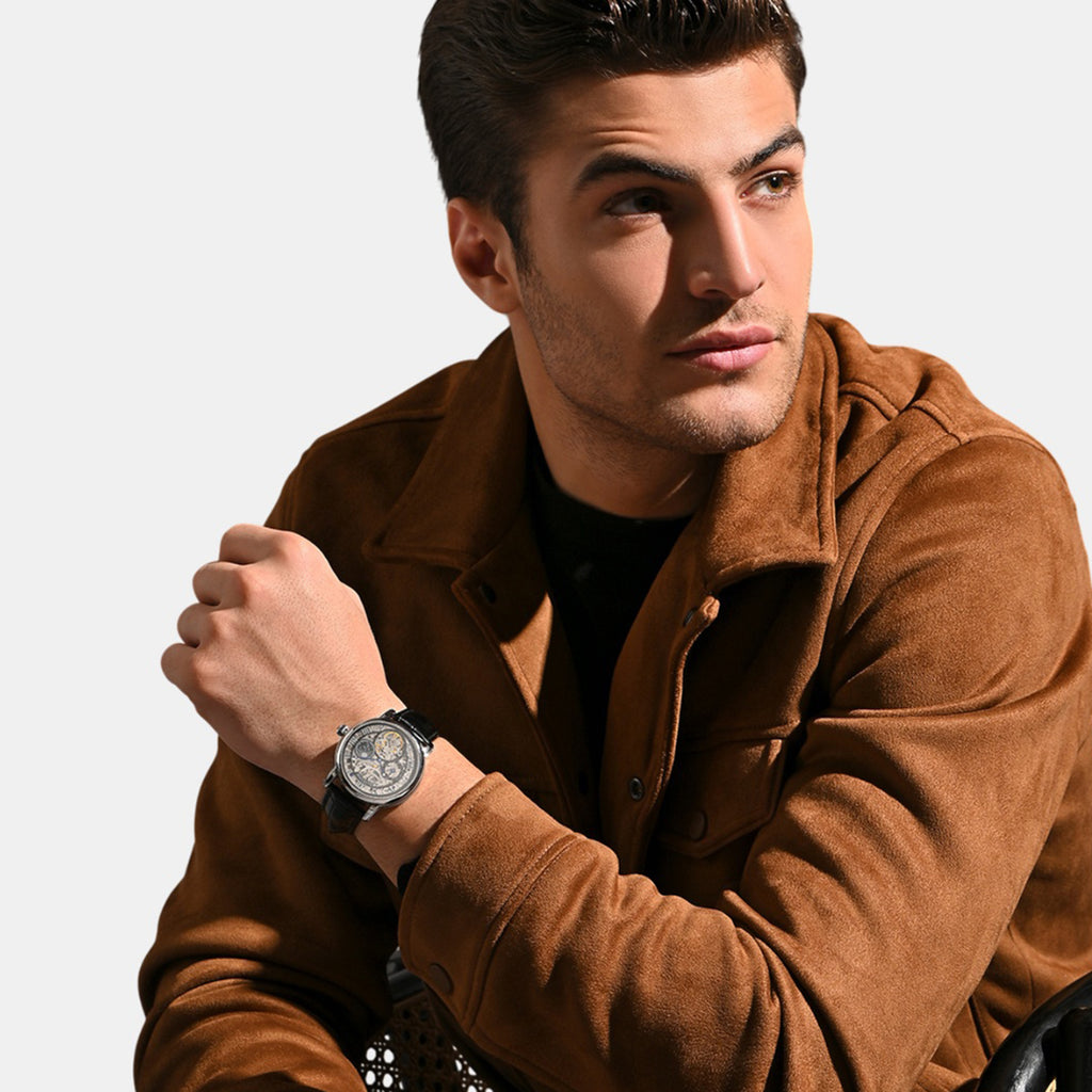 Men Automatic Transparent Dial Multi-Function Leather Watch 786-L10406