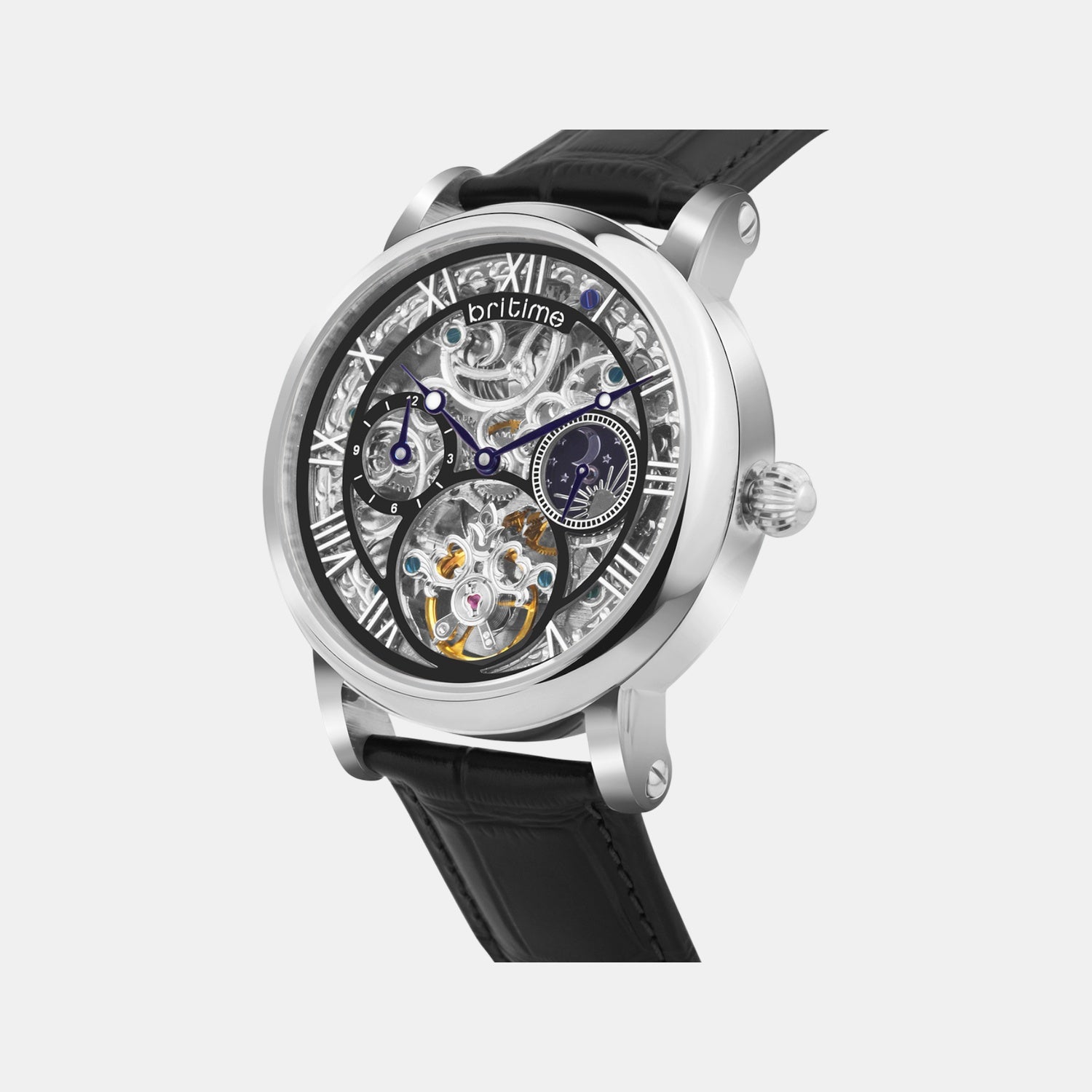 Men Automatic Silver Dial Multi-Function Leather Watch 786-L10406