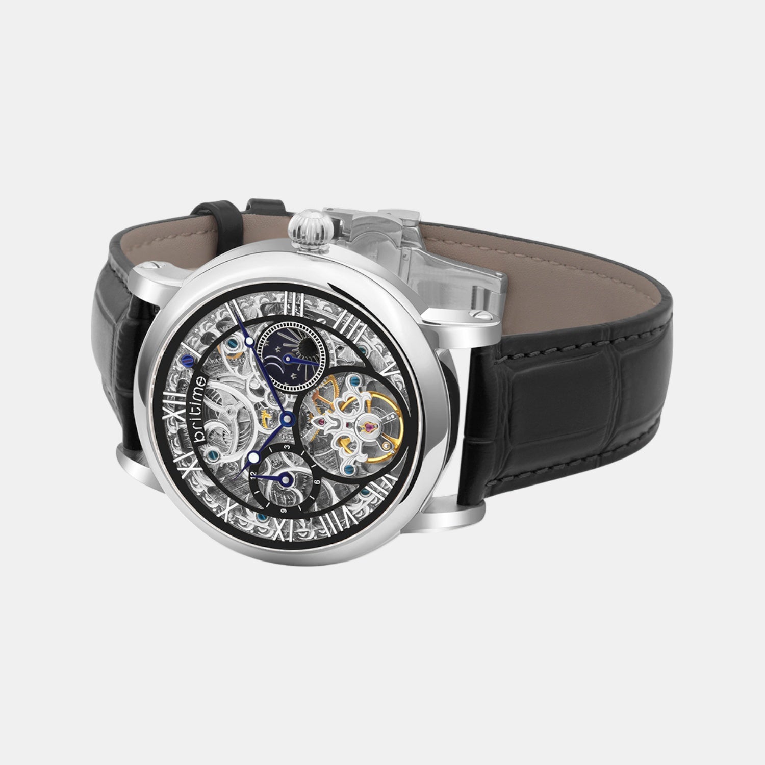 Men Automatic Silver Dial Multi-Function Leather Watch 786-L10406