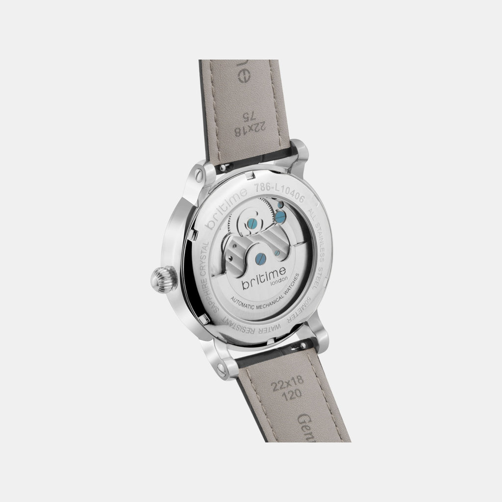 Men Automatic Silver Dial Multi-Function Leather Watch 786-L10406