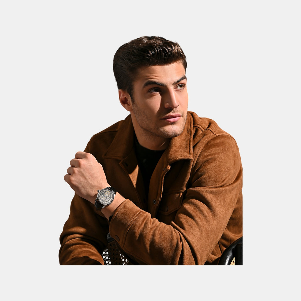 Men Automatic Silver Dial Multi-Function Leather Watch 786-L10406