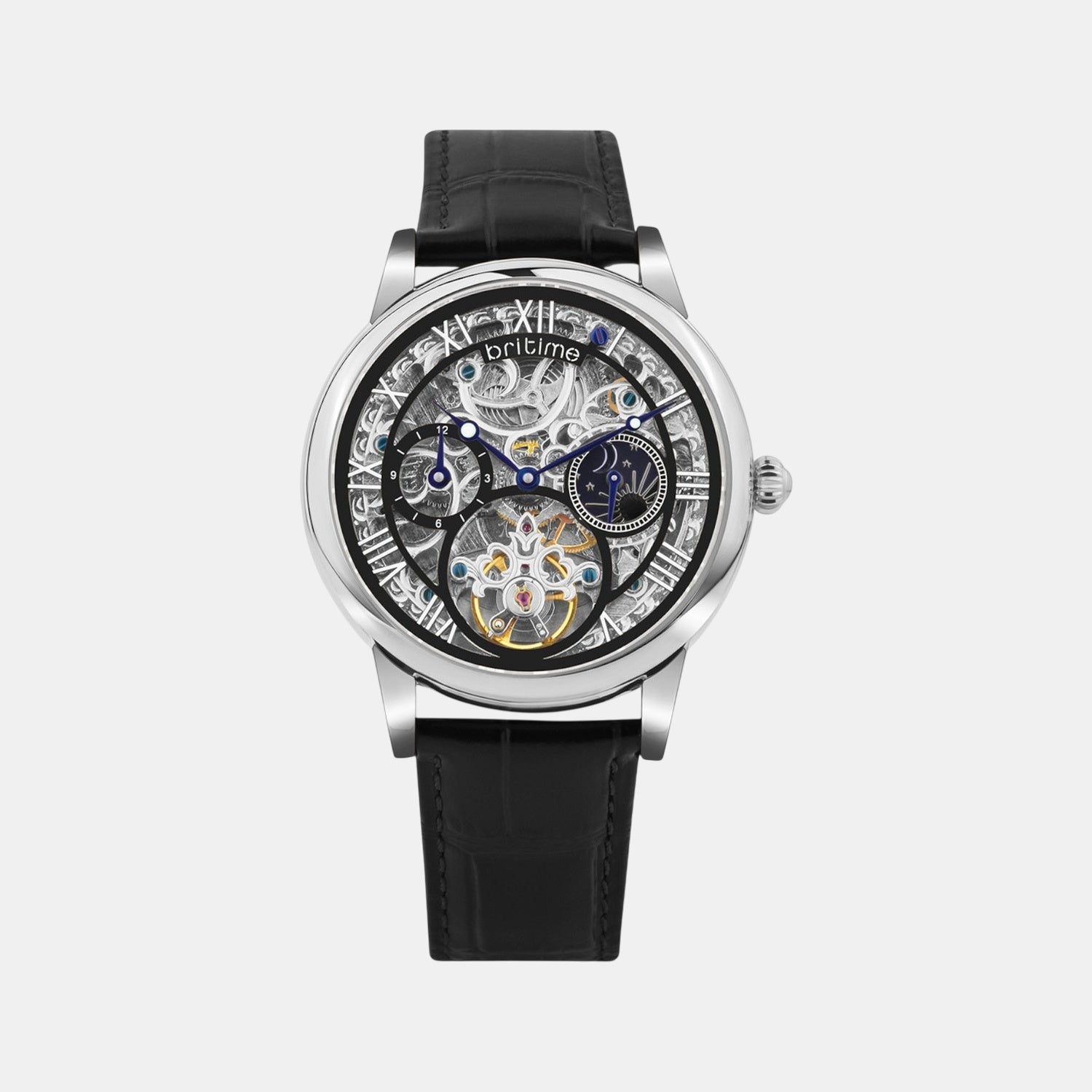 Men Automatic Silver Dial Multi-Function Leather Watch 786-L10406