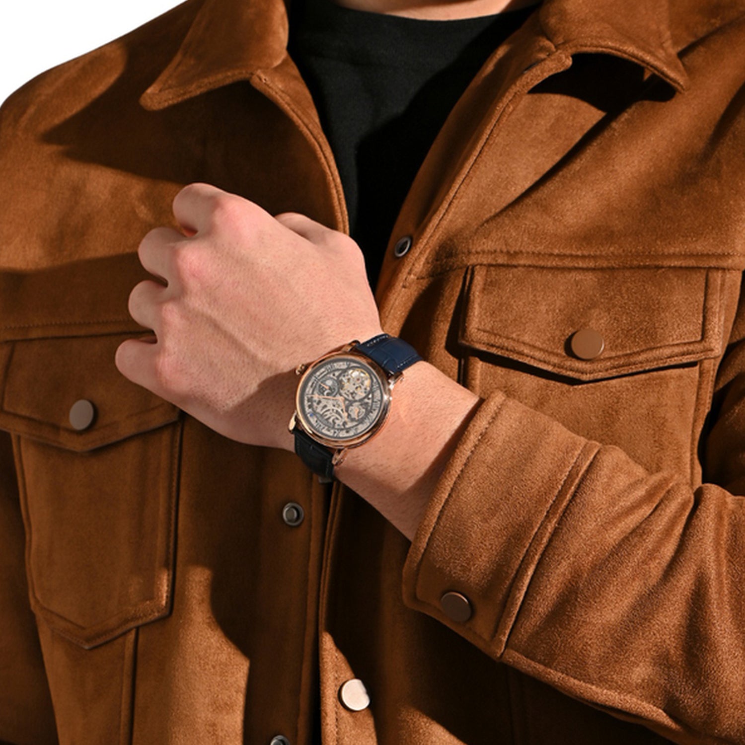 Stellor Open Heart Men Automatic Transparent Dial Multi-Function Leather Watch 786-L30507