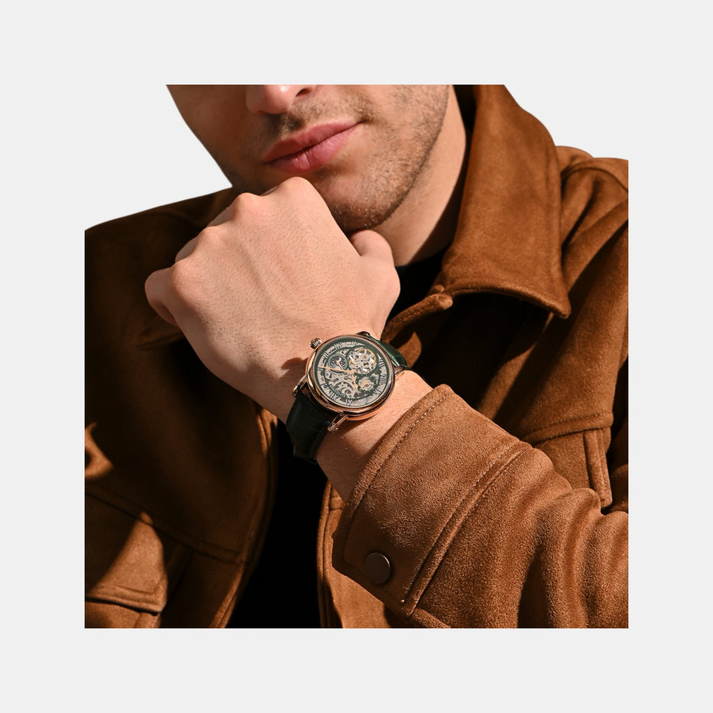 Men Automatic Green Dial Multi-Function Leather Watch 786-L31412