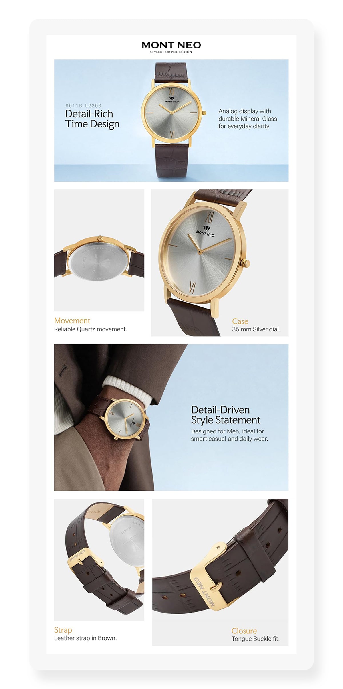 Men Quartz Silver Dial Analog Leather Watch 8011B-L2203