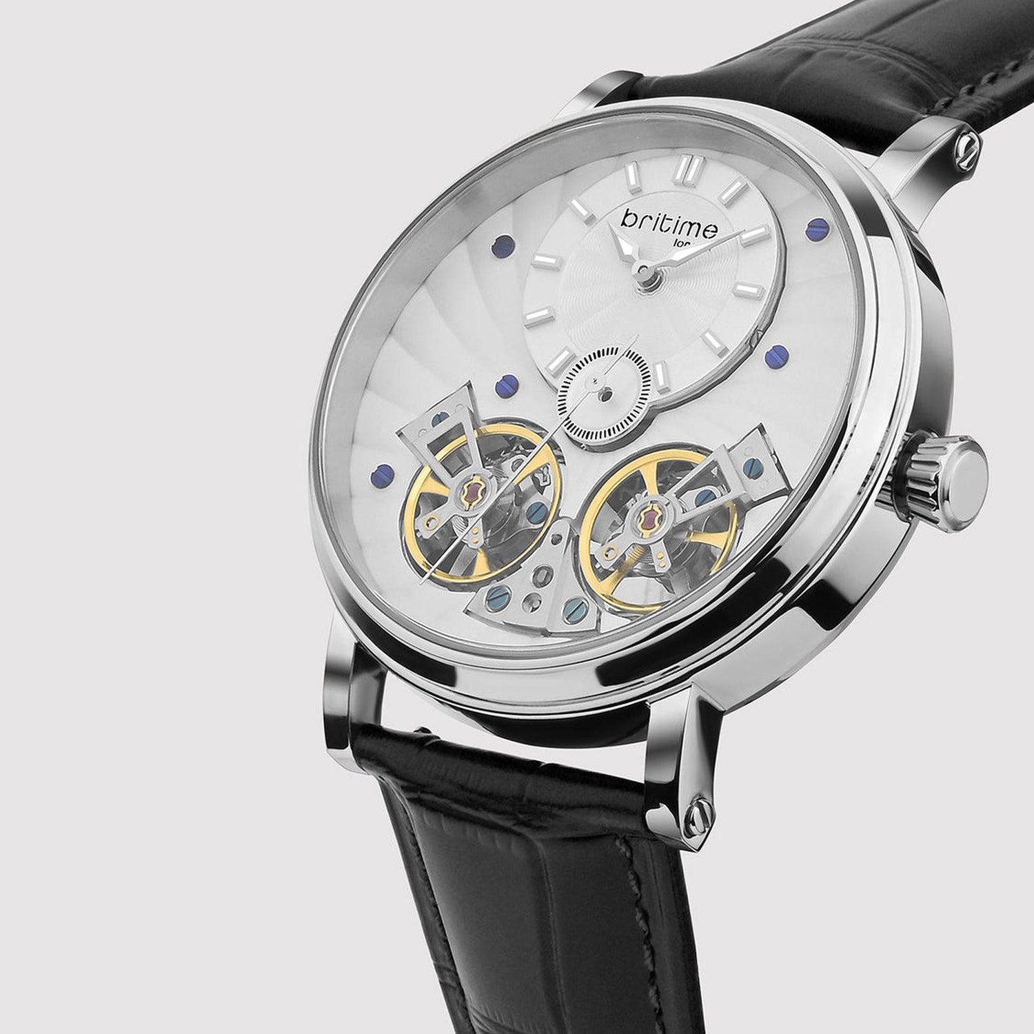 Men Automatic Silver Dial Multi-Function Leather Watch 821-L10306