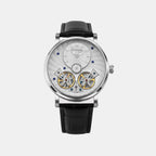 Men Automatic Silver Dial Multi-Function Leather Watch 821-L10306
