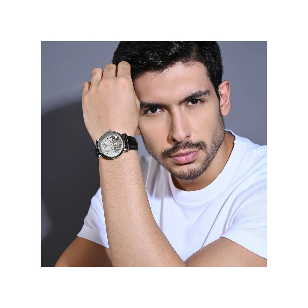 Men Automatic Silver Dial Multi-Function Leather Watch 821-L10306