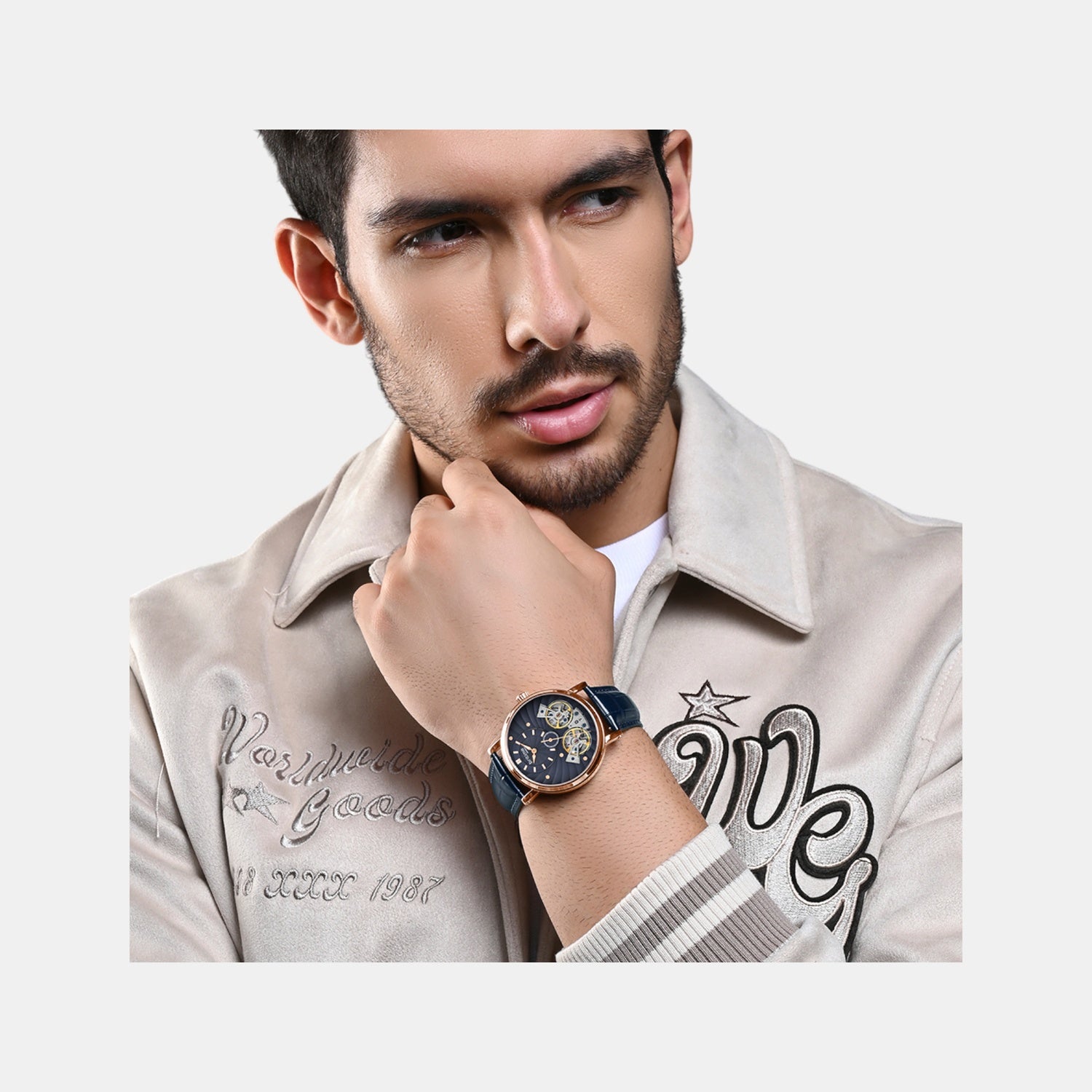 Men Automatic Rose Gold Dial Multi-Function Leather Watch 821-L30708