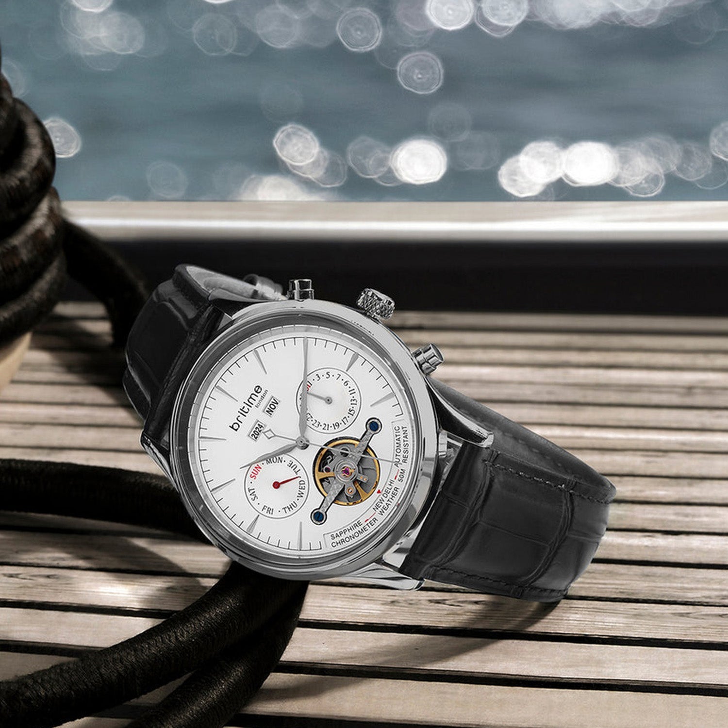 Celestial Men Automatic Silver Dial Chronograph Leather Watch 867-L10306